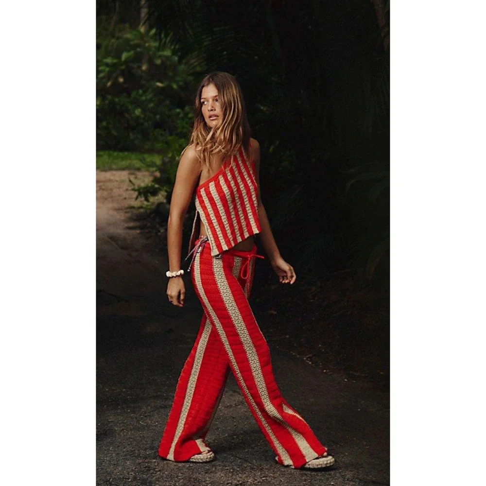 NEW FREE PEOPLE FREE-EST ORANGE TAN COMBO FREE-EST JOAN FAUXCHET PANTS TOP SET L